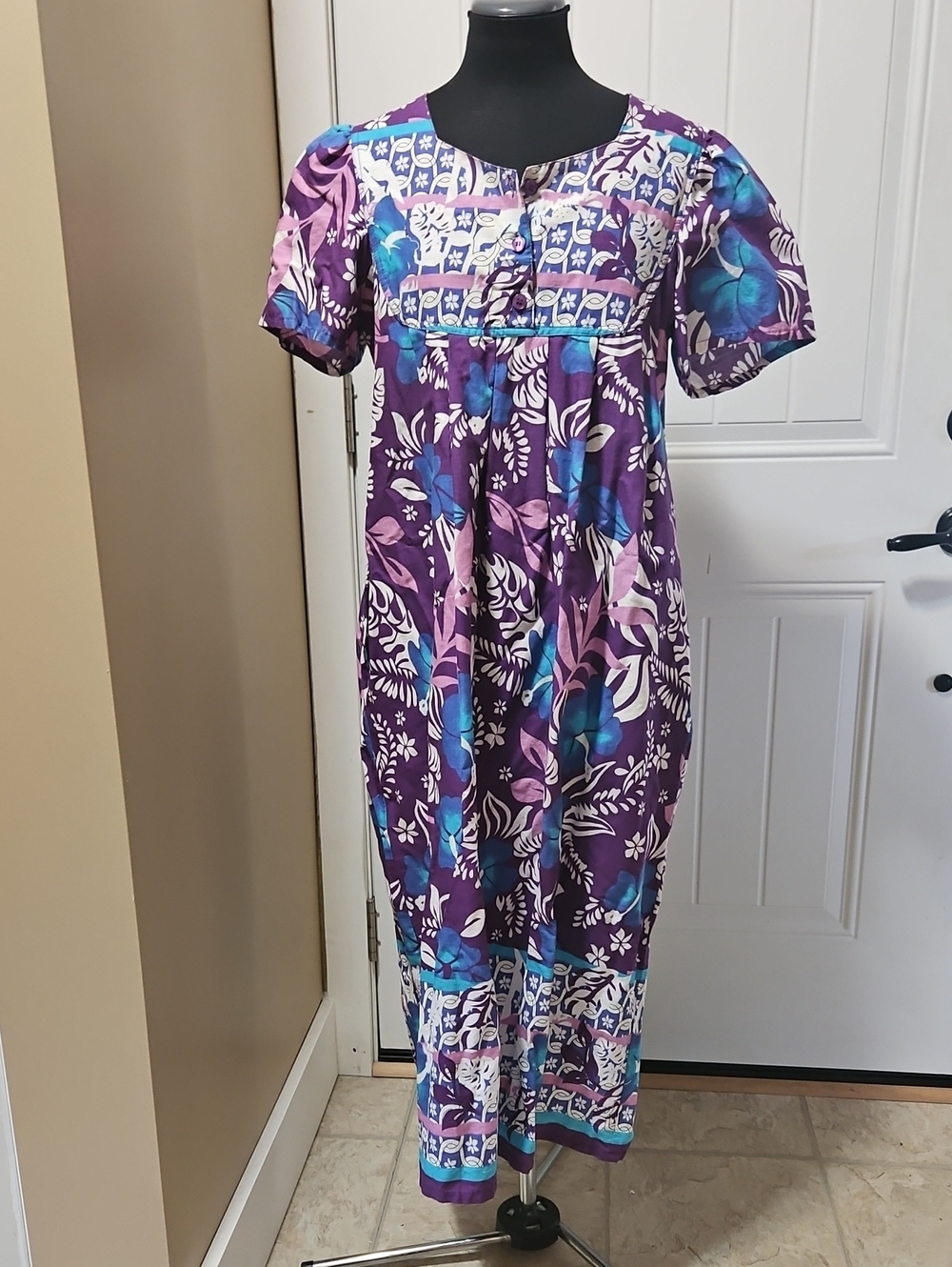 Loungees Vintage Cotton Muumuu House Dress S In Purple Tropical Print